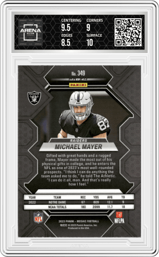 Michael Mayer from the 2023 Panini Mosaic set featuring a Pink Camo parallel graded by Arena Club and given an overall grade of 9.