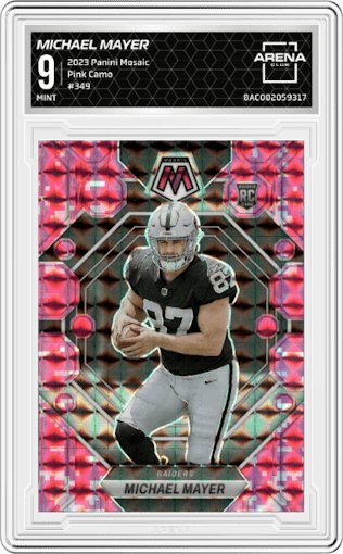 Michael Mayer from the 2023 Panini Mosaic set featuring a Pink Camo parallel graded by Arena Club and given an overall grade of 9.
