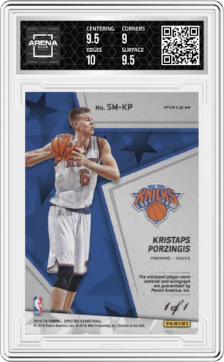 Kristaps Porzingis from the 2015-16 Panini Spectra set featuring a Black Prizm parallel graded by Arena Club and given an overall grade of 9.5.