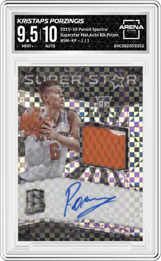 Kristaps Porzingis from the 2015-16 Panini Spectra set featuring a Black Prizm parallel graded by Arena Club and given an overall grade of 9.5.