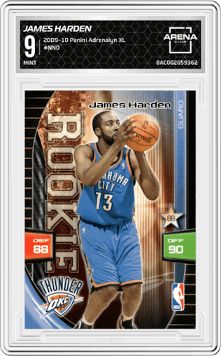 James Harden from the 2009-10 Panini Adrenalyn XL set graded by Arena Club and given an overall grade of 9.
