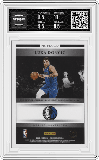 Luka Doncic from the 2022-23 Panini Noir set graded by Arena Club and given an overall grade of 9.