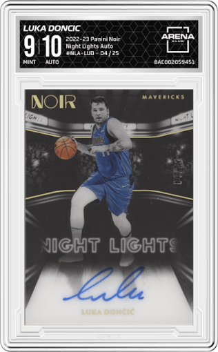 Luka Doncic from the 2022-23 Panini Noir set graded by Arena Club and given an overall grade of 9.