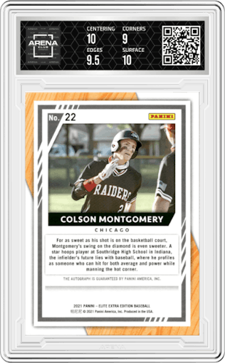 Colson Montgomery from the 2021 Panini Elite Extra Edition set graded by Arena Club and given an overall grade of 9.5.