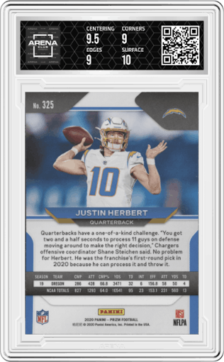 Justin Herbert from the 2020 Panini Prizm set graded by Arena Club and given an overall grade of 9.5.
