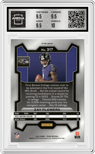 Zay Flowers from the 2023 Panini Prizm set featuring a No Huddle Prizm parallel graded by Arena Club and given an overall grade of 10.