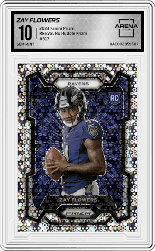 Zay Flowers from the 2023 Panini Prizm set featuring a No Huddle Prizm parallel graded by Arena Club and given an overall grade of 10.