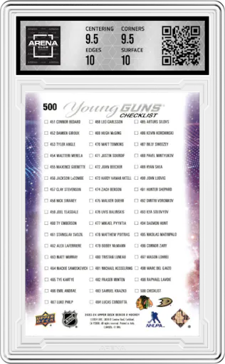 Connor Bedard/Leo Carlsson from the 2023-24 Upper Deck Series 2 set graded by Arena Club and given an overall grade of 10.