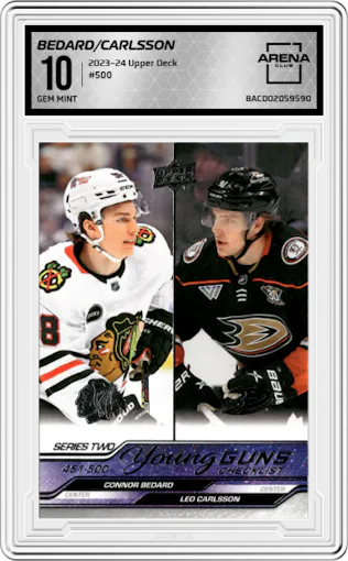 Connor Bedard/Leo Carlsson from the 2023-24 Upper Deck Series 2 set graded by Arena Club and given an overall grade of 10.