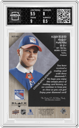 Kaapo Kakko from the 2019-20 Upper Deck Black Diamond set featuring a Pure Black parallel graded by Arena Club and given an overall grade of 8.5.