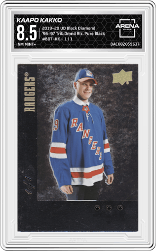 Kaapo Kakko from the 2019-20 Upper Deck Black Diamond set featuring a Pure Black parallel graded by Arena Club and given an overall grade of 8.5.