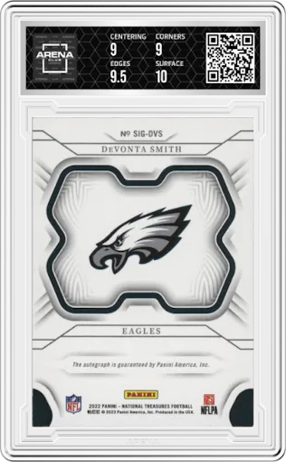 Devonta Smith from the 2022 Panini National Treasures set graded by Arena Club and given an overall grade of 9.5.