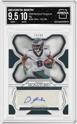Devonta Smith from the 2022 Panini National Treasures set graded by Arena Club and given an overall grade of 9.5.