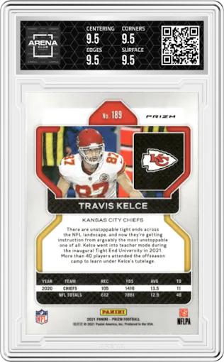 Travis Kelce from the 2021 Panini Prizm set featuring a Silver Prizm parallel graded by Arena Club and given an overall grade of 9.5.