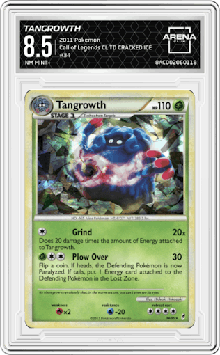 Tangrowth from the 2011 Pokemon  set featuring a Call of Legends Theme Deck parallel graded by Arena Club and given an overall grade of 8.5.