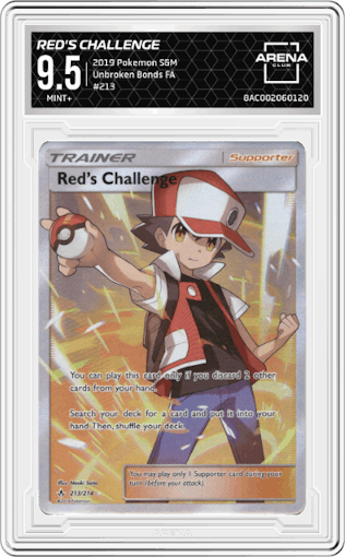 Red's Challenge from the 2019 Pokemon S&M  set graded by Arena Club and given an overall grade of 9.5.