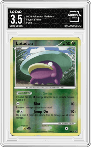 Lotad from the 2009 Pokemon Platinum set graded by Arena Club and given an overall grade of 3.5.