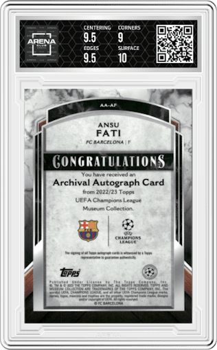 Ansu Fati from the 2022-23 Topps Museum Collection UCL set graded by Arena Club and given an overall grade of 9.5.