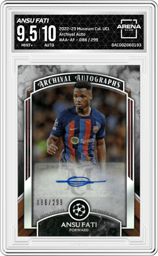 Ansu Fati from the 2022-23 Topps Museum Collection UCL set graded by Arena Club and given an overall grade of 9.5.
