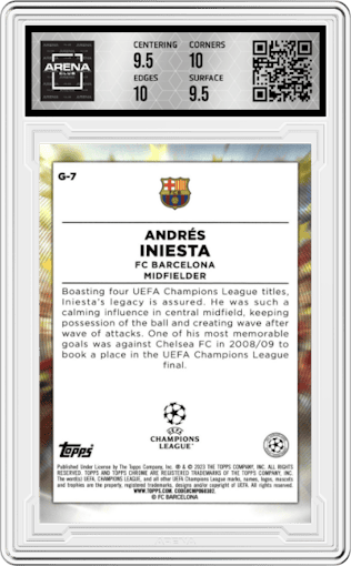 Andres Iniesta from the 2022-23 Topps Chrome UEFA Club Competitions set graded by Arena Club and given an overall grade of 10.