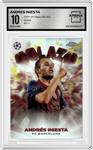 Andres Iniesta from the 2022-23 Topps Chrome UEFA Club Competitions set graded by Arena Club and given an overall grade of 10.