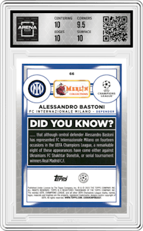 Alessandro Bastoni from the 2022-23 Topps Merlin Chrome UEFA League set featuring a Aqua Refractor parallel graded by Arena Club and given an overall grade of 10.