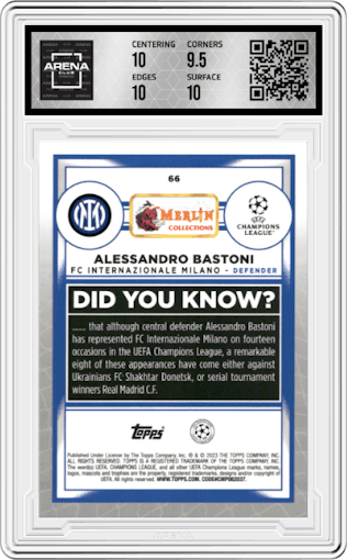 Alessandro Bastoni from the 2022-23 Topps Merlin Chrome UEFA League set featuring a Aqua Refractor parallel graded by Arena Club and given an overall grade of 10.