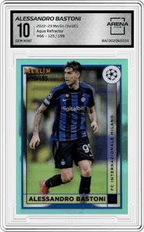 Alessandro Bastoni from the 2022-23 Topps Merlin Chrome UEFA League set featuring a Aqua Refractor parallel graded by Arena Club and given an overall grade of 10.