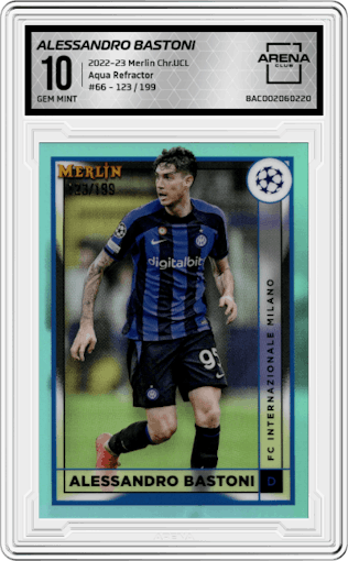 Alessandro Bastoni from the 2022-23 Topps Merlin Chrome UEFA League set featuring a Aqua Refractor parallel graded by Arena Club and given an overall grade of 10.
