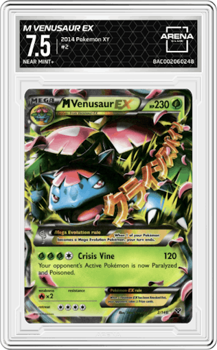 M Venusaur EX from the 2014 Pokemon XY set graded by Arena Club and given an overall grade of 7.5.
