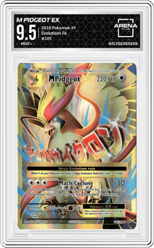 M Pidgeot EX from the 2016 Pokemon XY set graded by Arena Club and given an overall grade of 9.5.