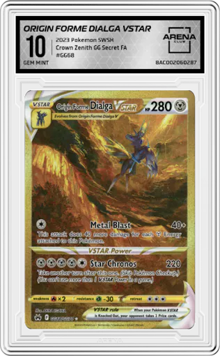 Origin Forme Dialga VSTAR from the 2023 Pokemon SWSH set graded by Arena Club and given an overall grade of 10.