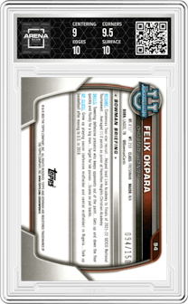 Felix Okpara from the 2022-23 Bowman University Chrome set featuring a Fuchsia Mini-Diamond Refractor parallel graded by Arena Club and given an overall grade of 9.5.