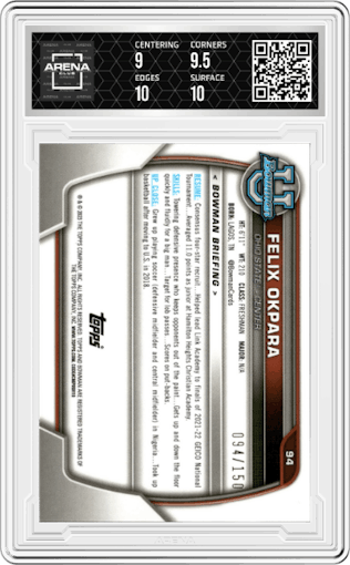 Felix Okpara from the 2022-23 Bowman University Chrome set featuring a Fuchsia Mini-Diamond Refractor parallel graded by Arena Club and given an overall grade of 9.5.