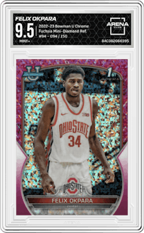 Felix Okpara from the 2022-23 Bowman University Chrome set featuring a Fuchsia Mini-Diamond Refractor parallel graded by Arena Club and given an overall grade of 9.5.