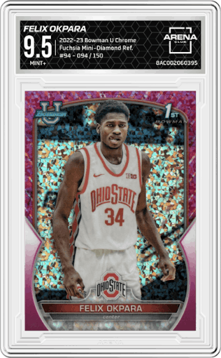 Felix Okpara from the 2022-23 Bowman University Chrome set featuring a Fuchsia Mini-Diamond Refractor parallel graded by Arena Club and given an overall grade of 9.5.