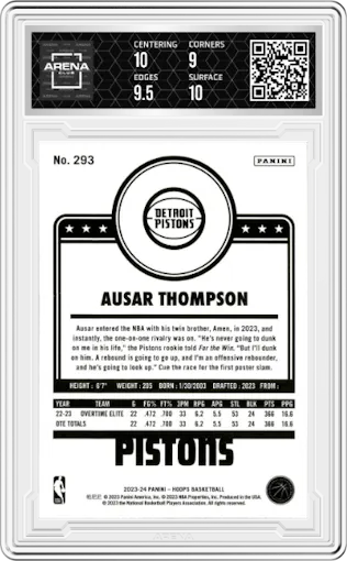Ausar Thompson from the 2023-24 Panini NBA Hoops set featuring a Purple parallel graded by Arena Club and given an overall grade of 9.5.