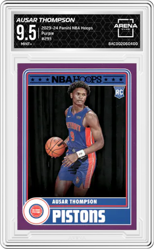Ausar Thompson from the 2023-24 Panini NBA Hoops set featuring a Purple parallel graded by Arena Club and given an overall grade of 9.5.