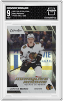 Connor Bedard from the 2023-24 O-Pee-Chee set featuring a Black Rainbow parallel graded by Arena Club and given an overall grade of 9.
