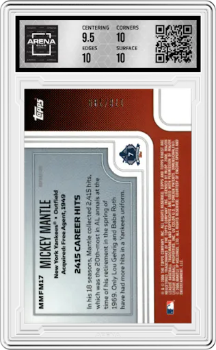 Mickey Mantle from the 2006 Topps Finest set featuring a Blue Refractor parallel graded by Arena Club and given an overall grade of 10.