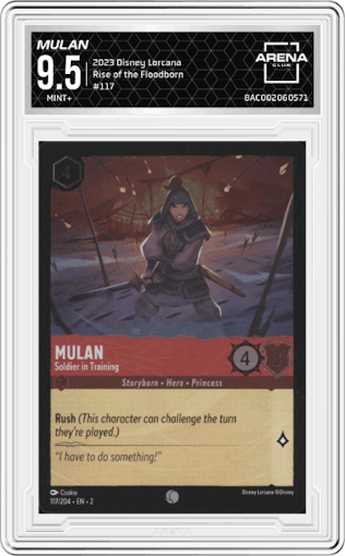 Mulan from the 2023 Disney Lorcana set graded by Arena Club and given an overall grade of 9.5.