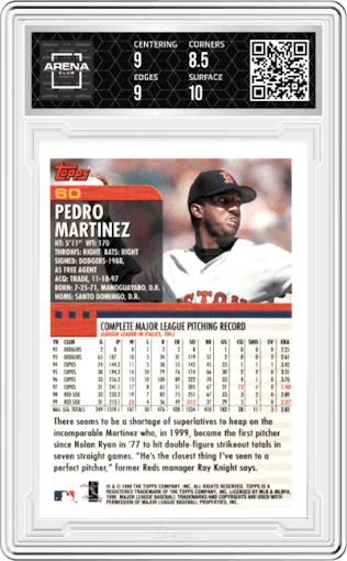 Pedro Martinez from the 2000 Topps set graded by Arena Club and given an overall grade of 9.