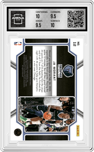 Ja Morant from the 2021-22 Panini Obsidian set featuring a Electric Etch Green Flood parallel graded by Arena Club and given an overall grade of 10.