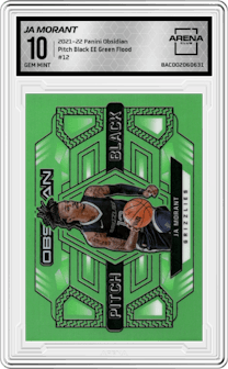 Ja Morant from the 2021-22 Panini Obsidian set featuring a Electric Etch Green Flood parallel graded by Arena Club and given an overall grade of 10.