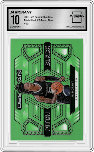 Ja Morant from the 2021-22 Panini Obsidian set featuring a Electric Etch Green Flood parallel graded by Arena Club and given an overall grade of 10.