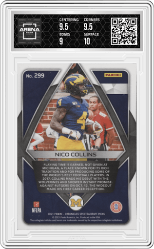 Nico Collins from the 2021 Panini Chronicles Draft Picks set graded by Arena Club and given an overall grade of 9.5.