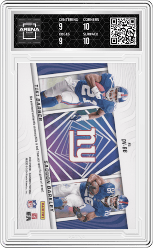 Tiki Barber/Saquon Barkley from the 2023 Panini Illusions set graded by Arena Club and given an overall grade of 9.5.