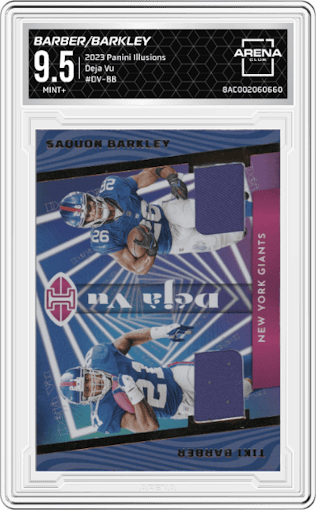 Tiki Barber/Saquon Barkley from the 2023 Panini Illusions set graded by Arena Club and given an overall grade of 9.5.