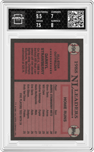 Darryl Strawberry from the 1989 Topps set graded by Arena Club and given an overall grade of 7.5.