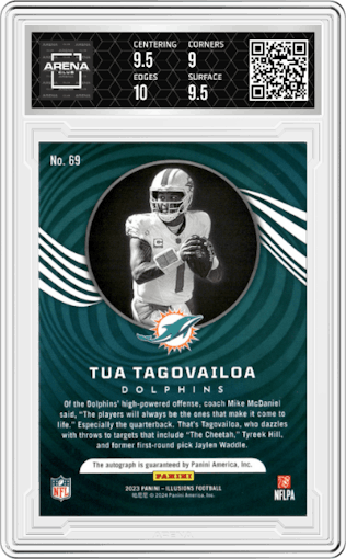 Tua Tagovailoa from the 2023 Panini Illusions set graded by Arena Club and given an overall grade of 9.5.
